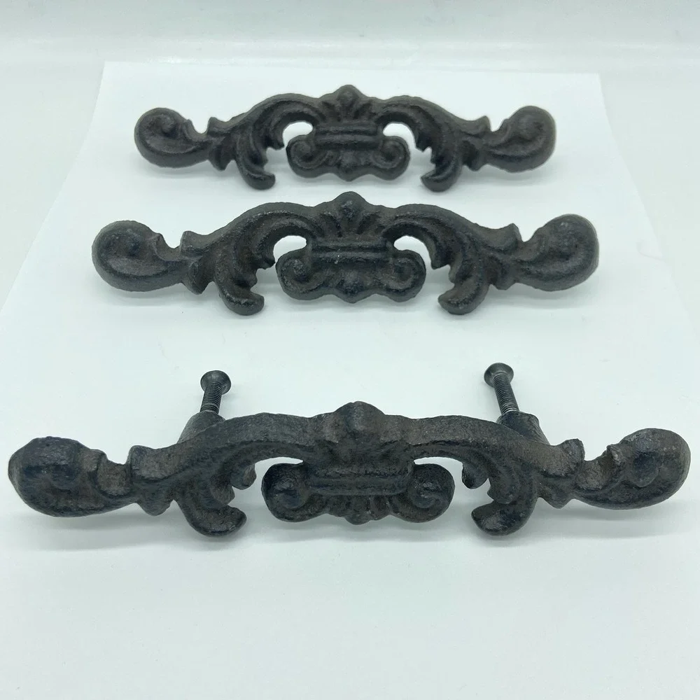Wrought Iron Drawer Pulls Handles Set of 3 Ornate Scroll Fleur De Lis Farmhouse